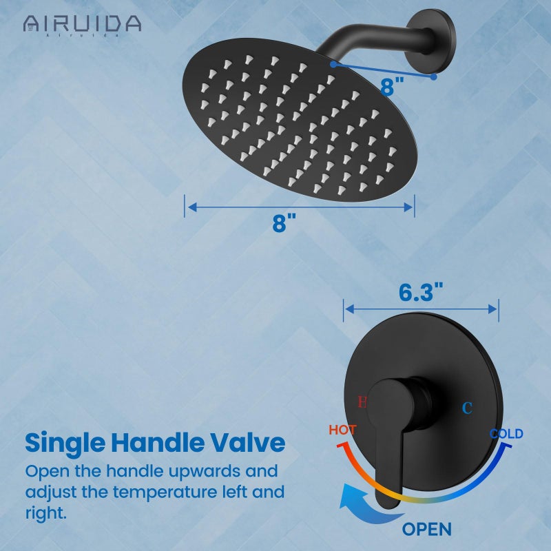 Airuida Shower Faucet Set,8 Inch Round Rainfall Shower Head,SUS304 Stainless Steel Single Handle Shower Trim Kit,Wall Mount Bathroom System with Female Threads Valve Matte Black - Image 4
